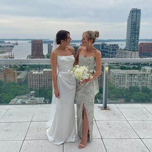 V. Chapman June Printed Corset Front-Slit Satin Gown